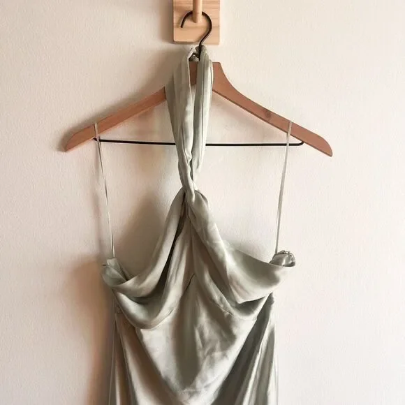 women satin dresses Flowy Satin Gown, A-Line Skirt, High Leg Slit, Fitted Waist, Vintage Neck,  Tied Straps